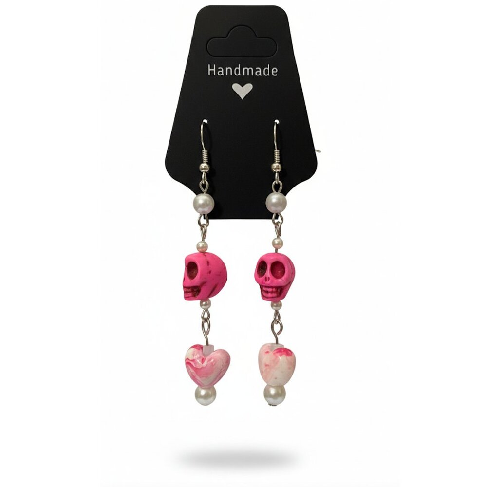Earrings 💀 💗  Pink Skulls pearls beads - hearts